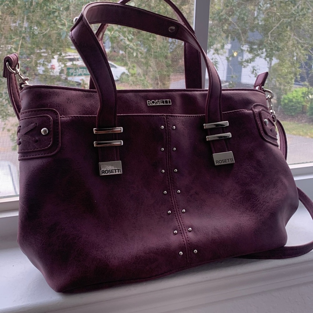 Purple suede hobo threaded double handle studded bag